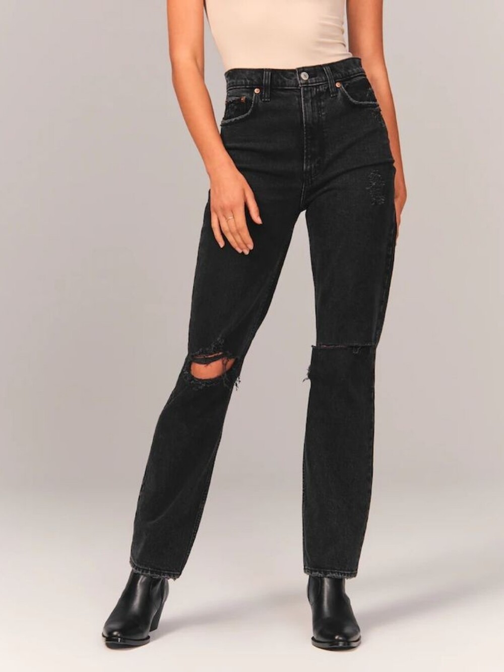 Abercrombie & Fitch Black Ultra High Rise Distressed Ankle Straight Leg Jeans